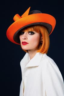 Taupe sinamay/ tangerine shantung silk side sweep